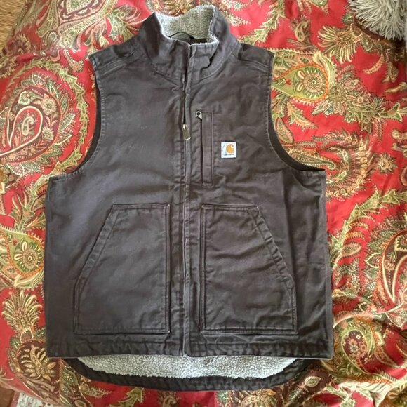 Men's Carhartt Dark Brown Cotton Loose Fit Washed Duck Sherpa-Lined Vest Medium! - Picture 2 of 16